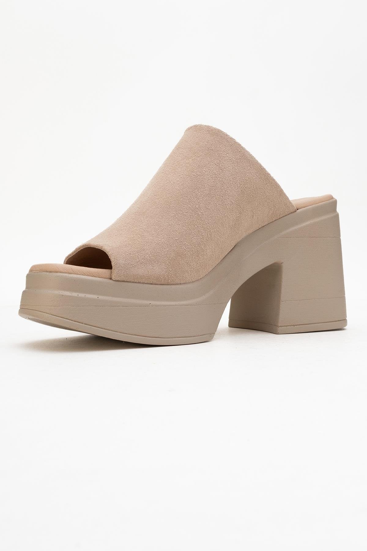 Nola - Beige Suede Leather Heeled Mules