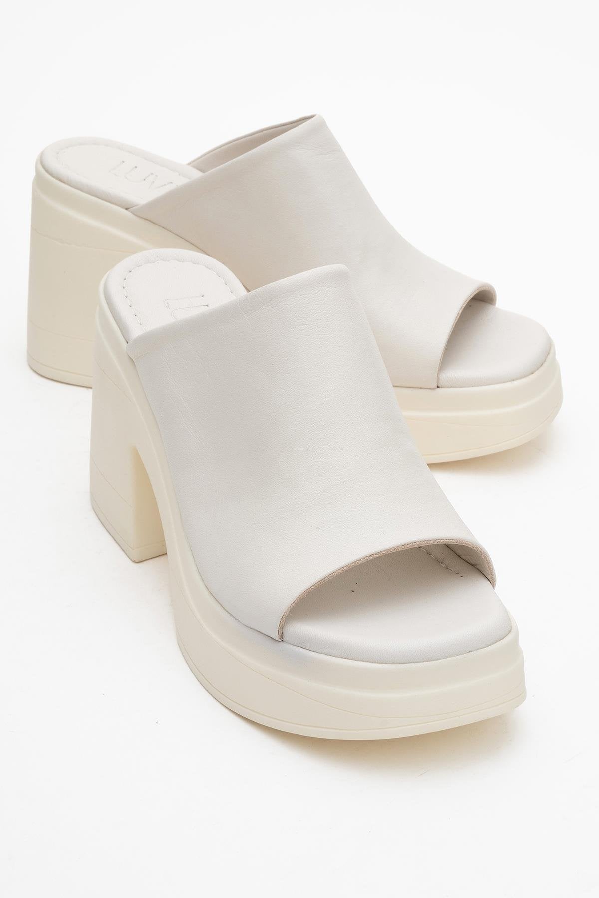 Nola - Beige Leather Heeled Mules