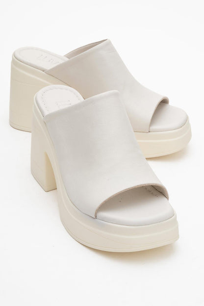 Nola - Beige Leather Heeled Mules