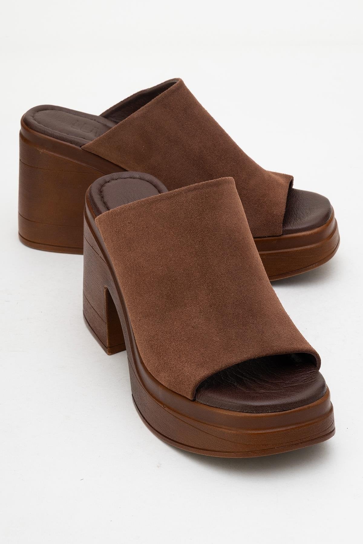 Nola - Dark Brown Suede Leather Heeled Mules