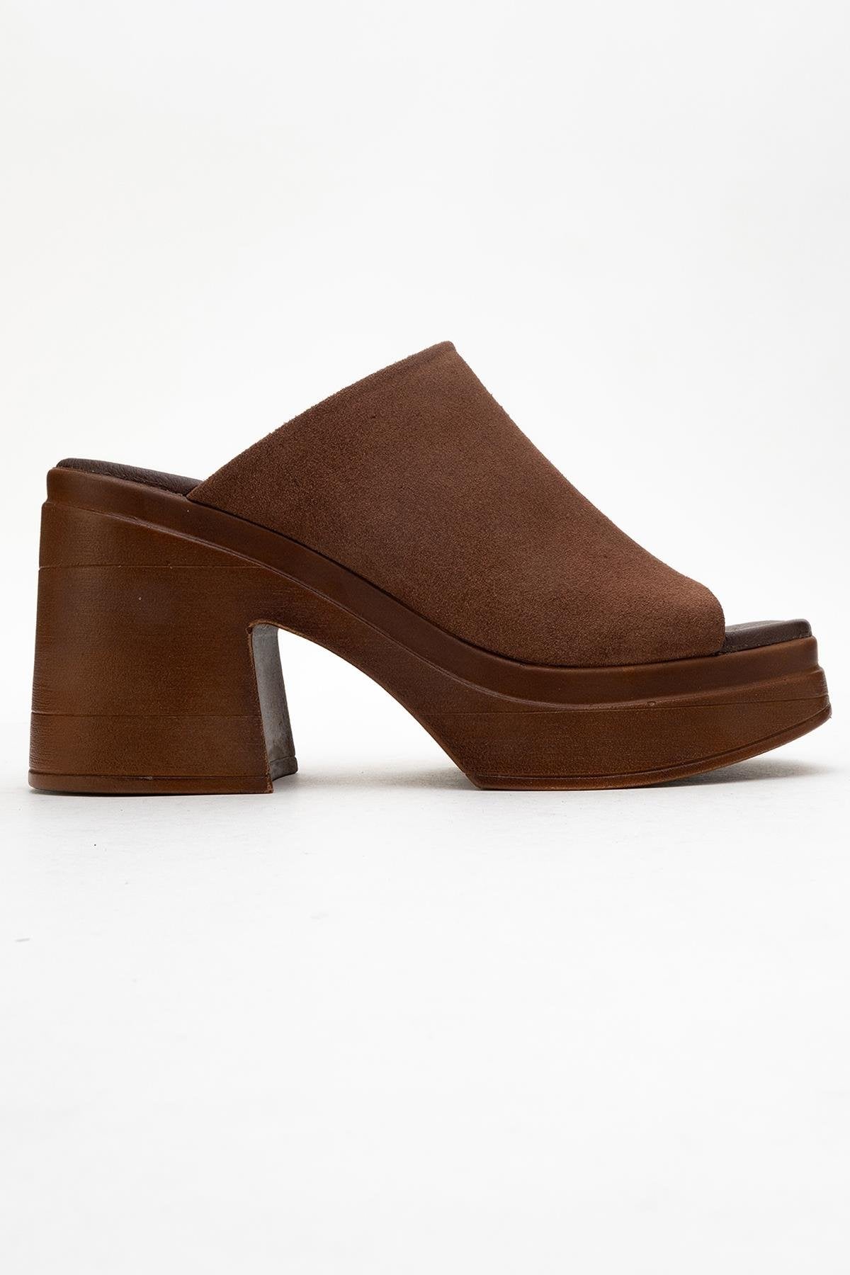 Nola - Dark Brown Suede Leather Heeled Mules