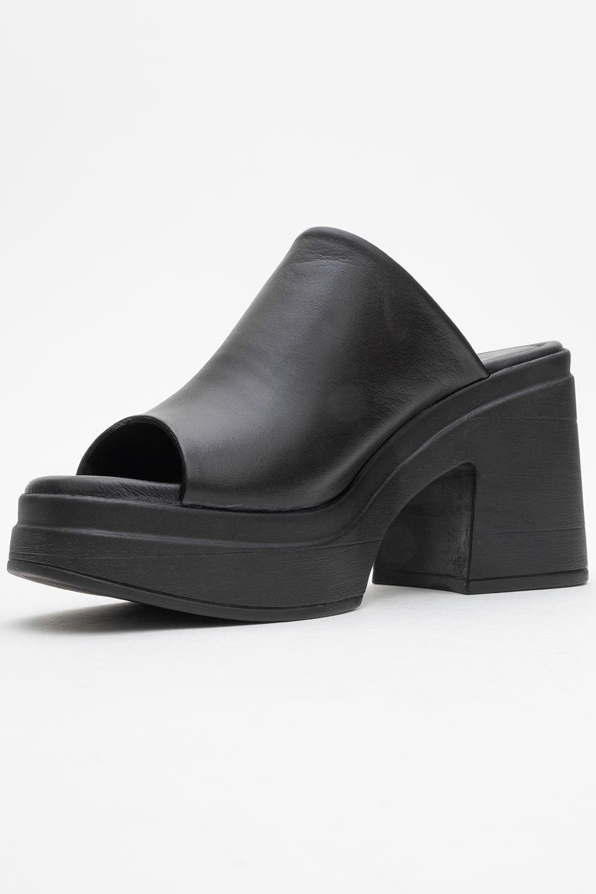 Nola - Black Leather Heeled Mules