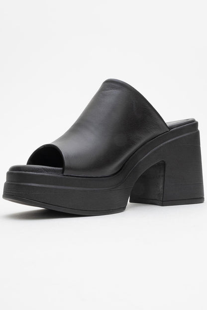 Nola - Black Leather Heeled Mules
