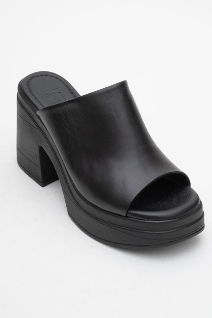Nola - Black Leather Heeled Mules