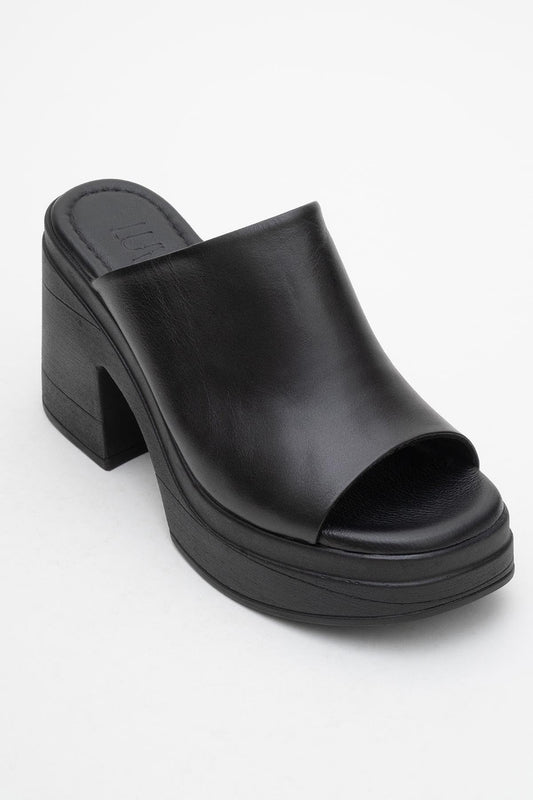 Nola - Black Leather Heeled Mules
