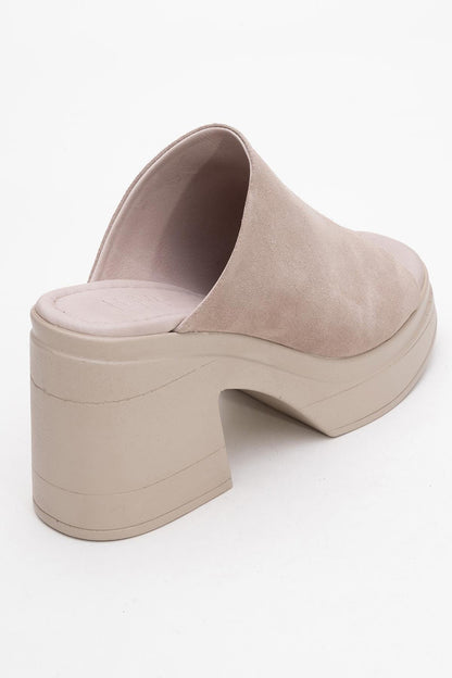 Nola - Dark Beige Suede Leather Heeled Mules