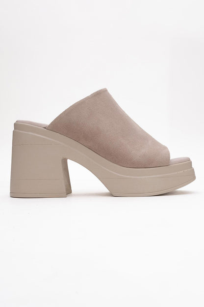Nola - Dark Beige Suede Leather Heeled Mules