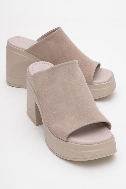 Nola - Dark Beige Suede Leather Heeled Mules