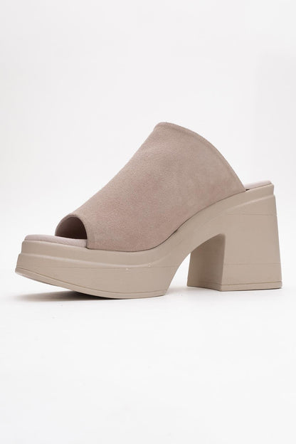 Nola - Dark Beige Suede Leather Heeled Mules