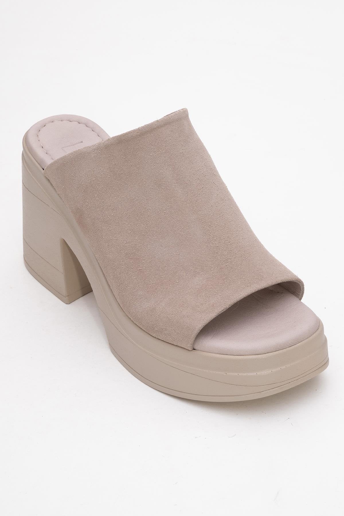 Nola - Dark Beige Suede Leather Heeled Mules