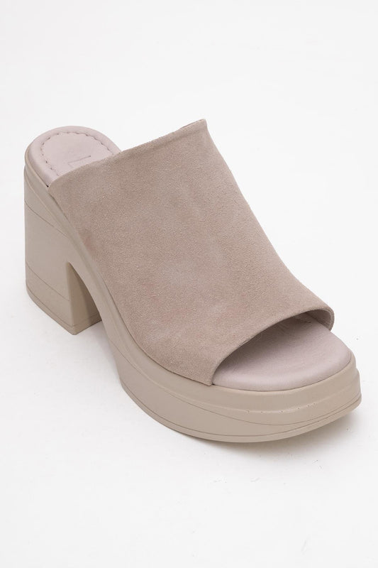 Nola - Dark Beige Suede Leather Heeled Mules