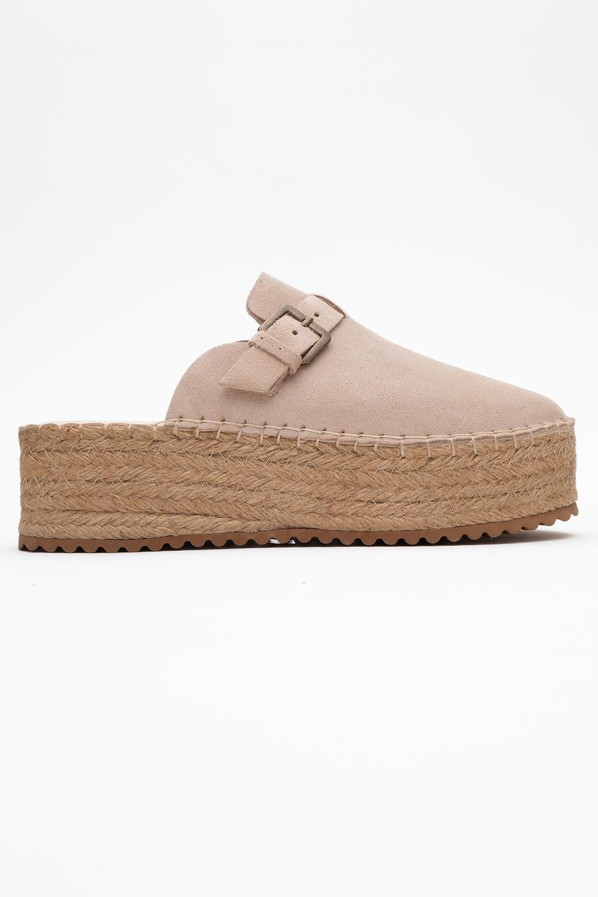 Novas - Beige Suede Leather Platform Espadrille Mule (Women)