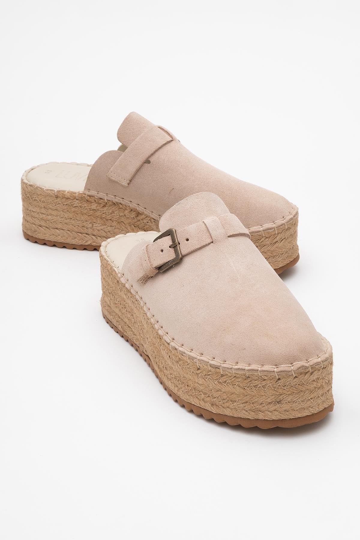 Novas - Beige Suede Leather Platform Espadrille Mule (Women)