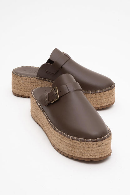 Novas - Brown Leather Platform Espadrille Mule (Women)