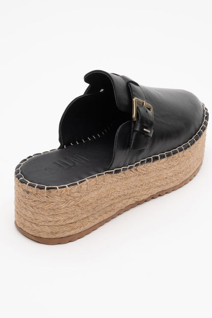 Novas - Black Leather Platform Espadrille Mule (Women)