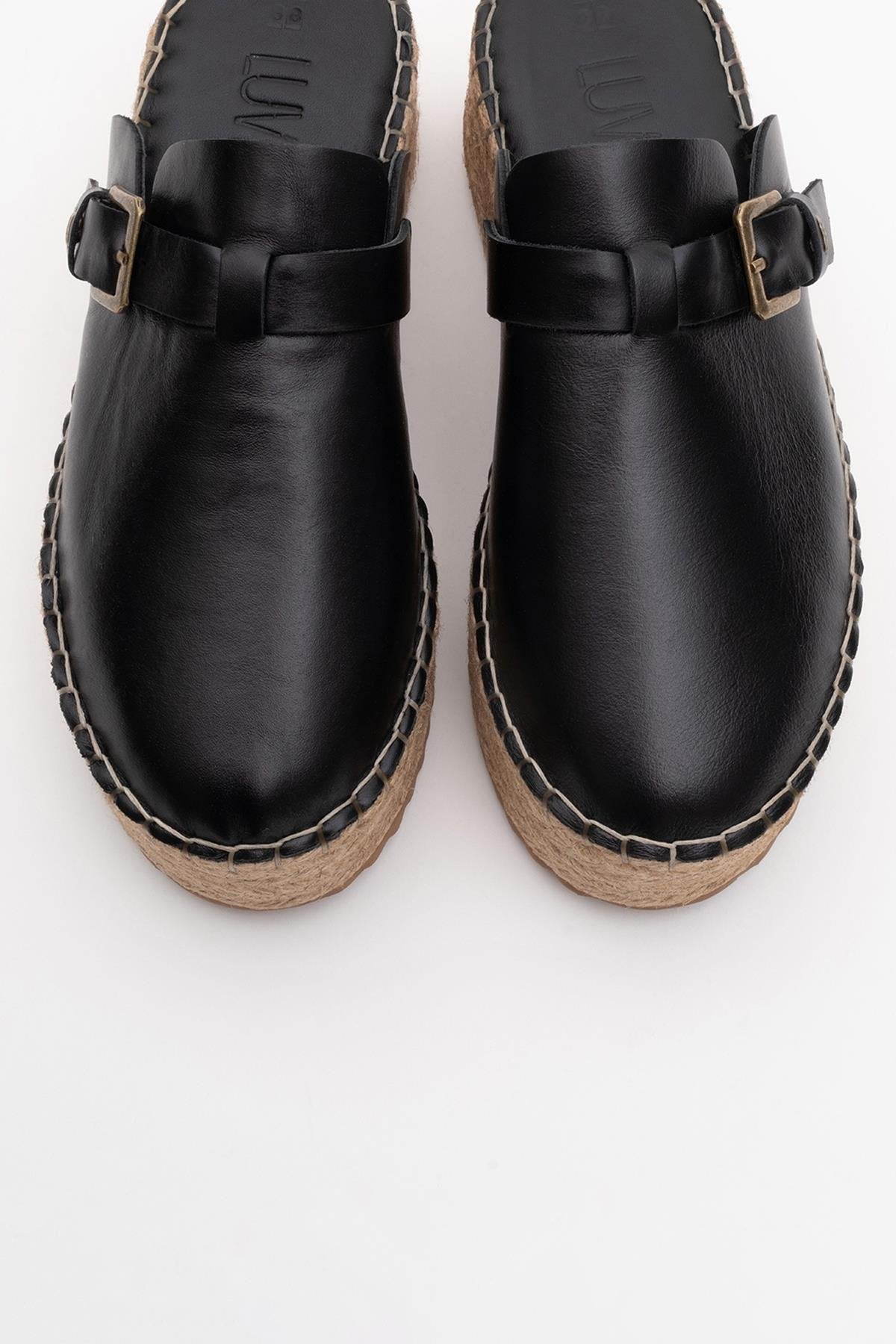Novas - Black Leather Platform Espadrille Mule (Women)