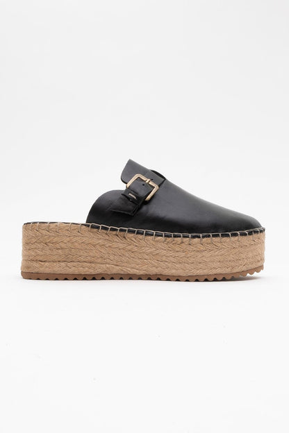 Novas - Black Leather Platform Espadrille Mule (Women)
