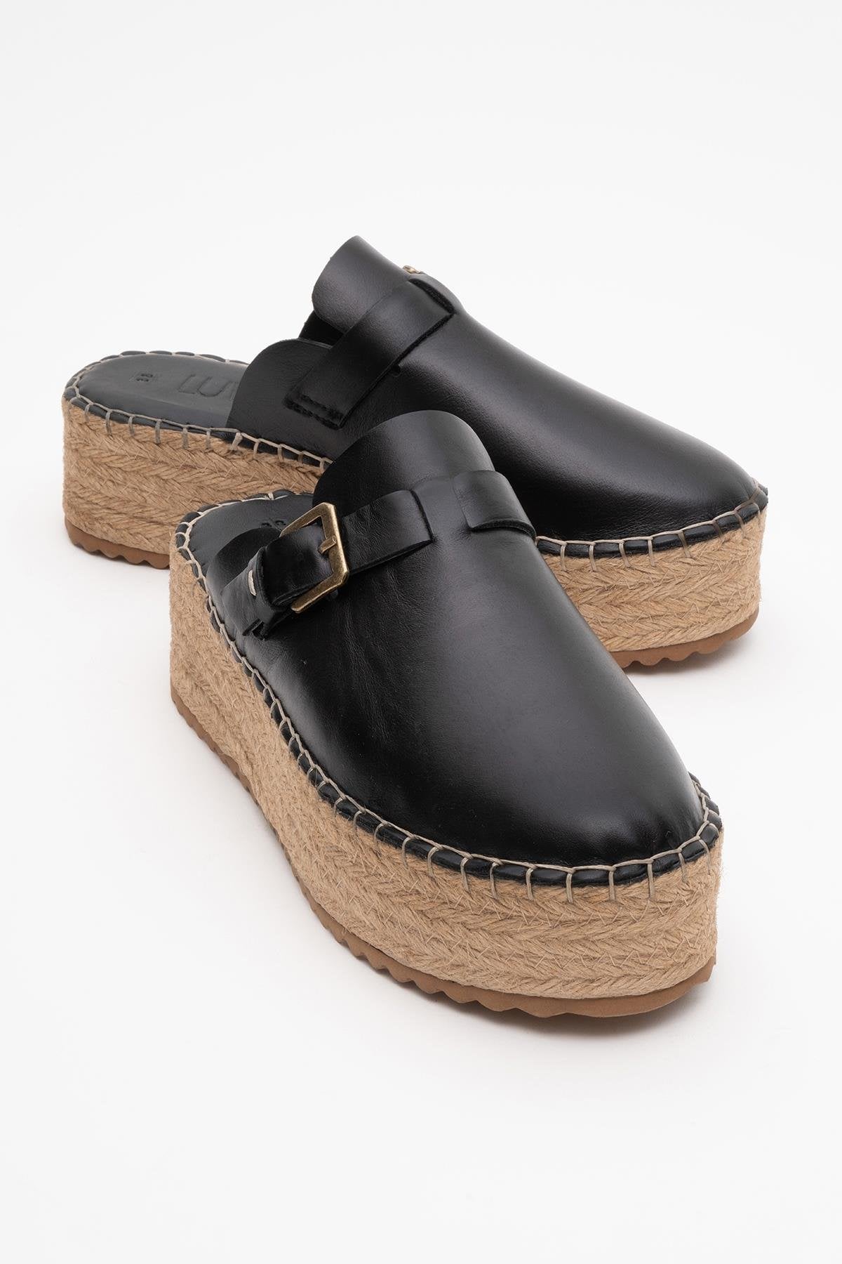 Novas - Black Leather Platform Espadrille Mule (Women)