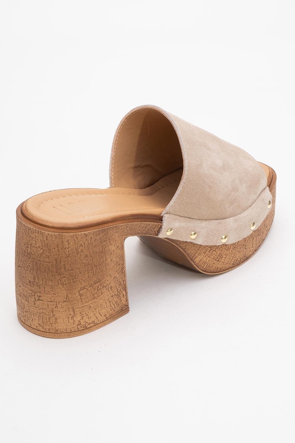Pull - Beige Suede Leather Heeled Mules (Women)