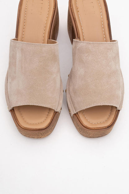 Pull - Beige Suede Leather Heeled Mules (Women)