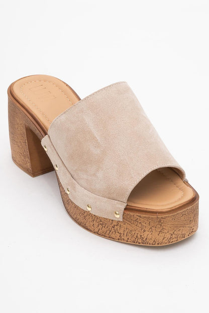 Pull - Beige Suede Leather Heeled Mules (Women)