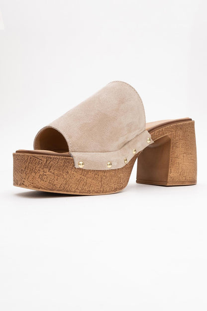 Pull - Beige Suede Leather Heeled Mules (Women)