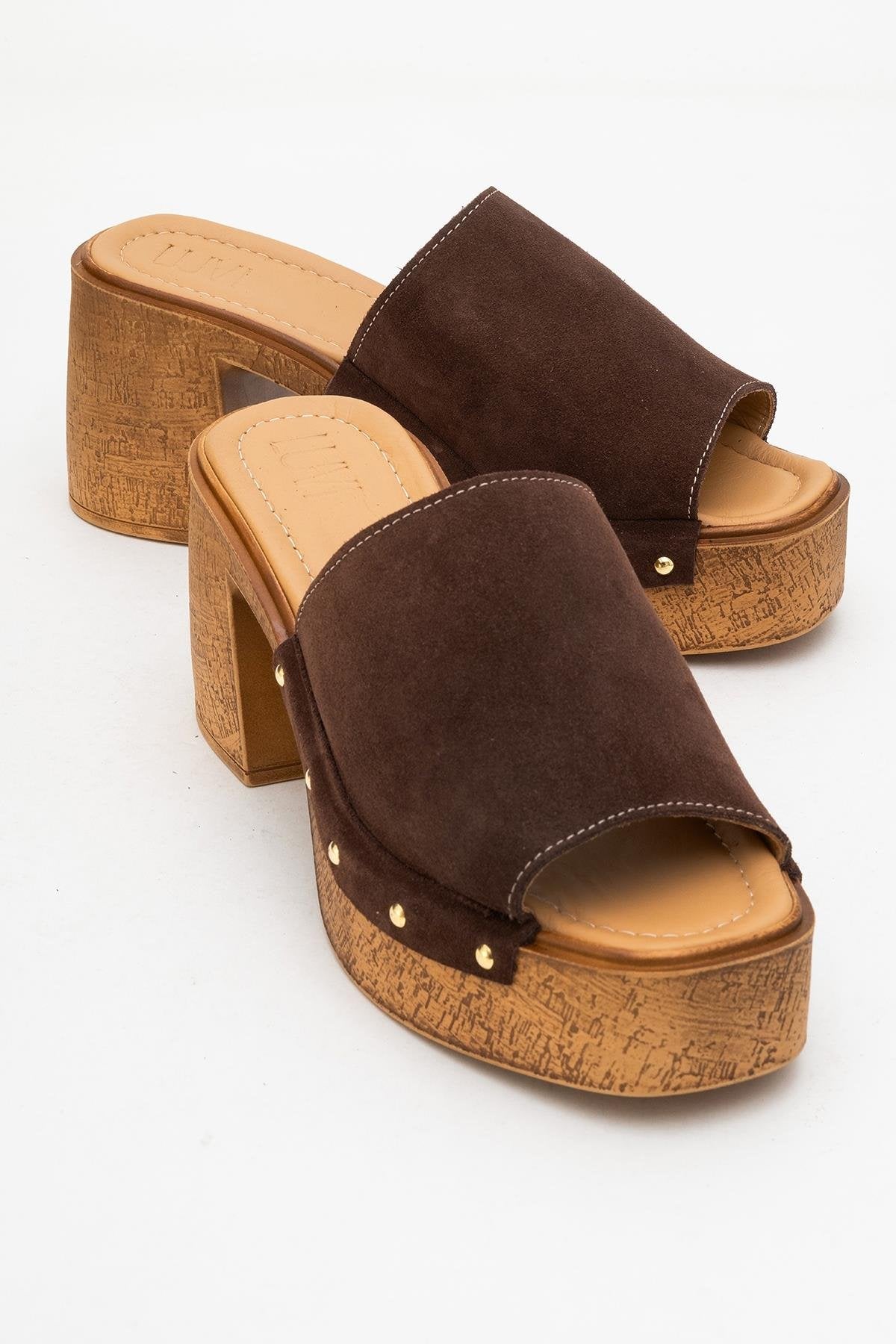 Pull - Dark Brown Suede Leather Heeled Mules (Women)