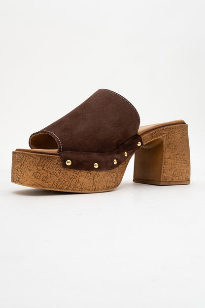 Pull - Dark Brown Suede Leather Heeled Mules (Women)