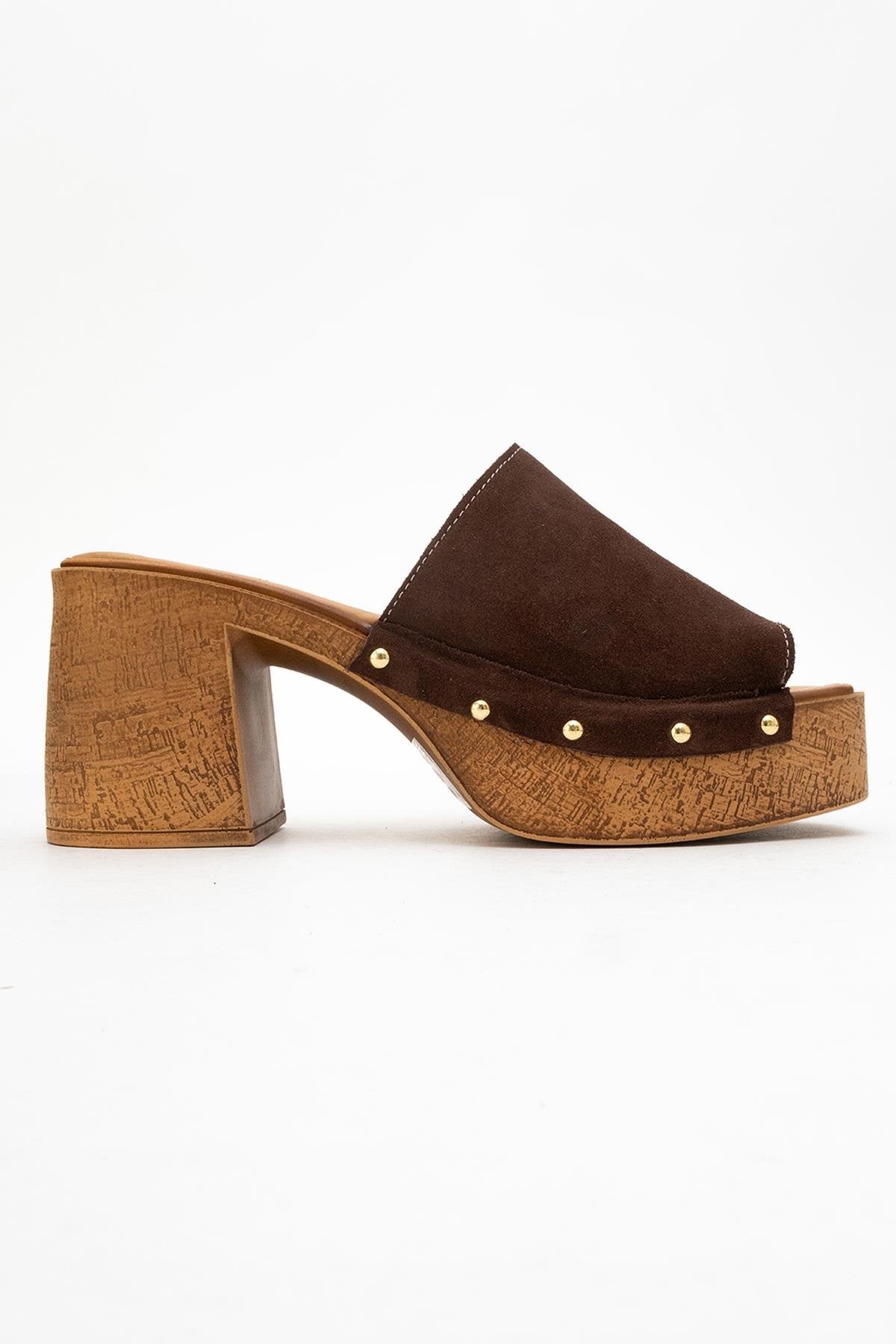 Pull - Dark Brown Suede Leather Heeled Mules (Women)