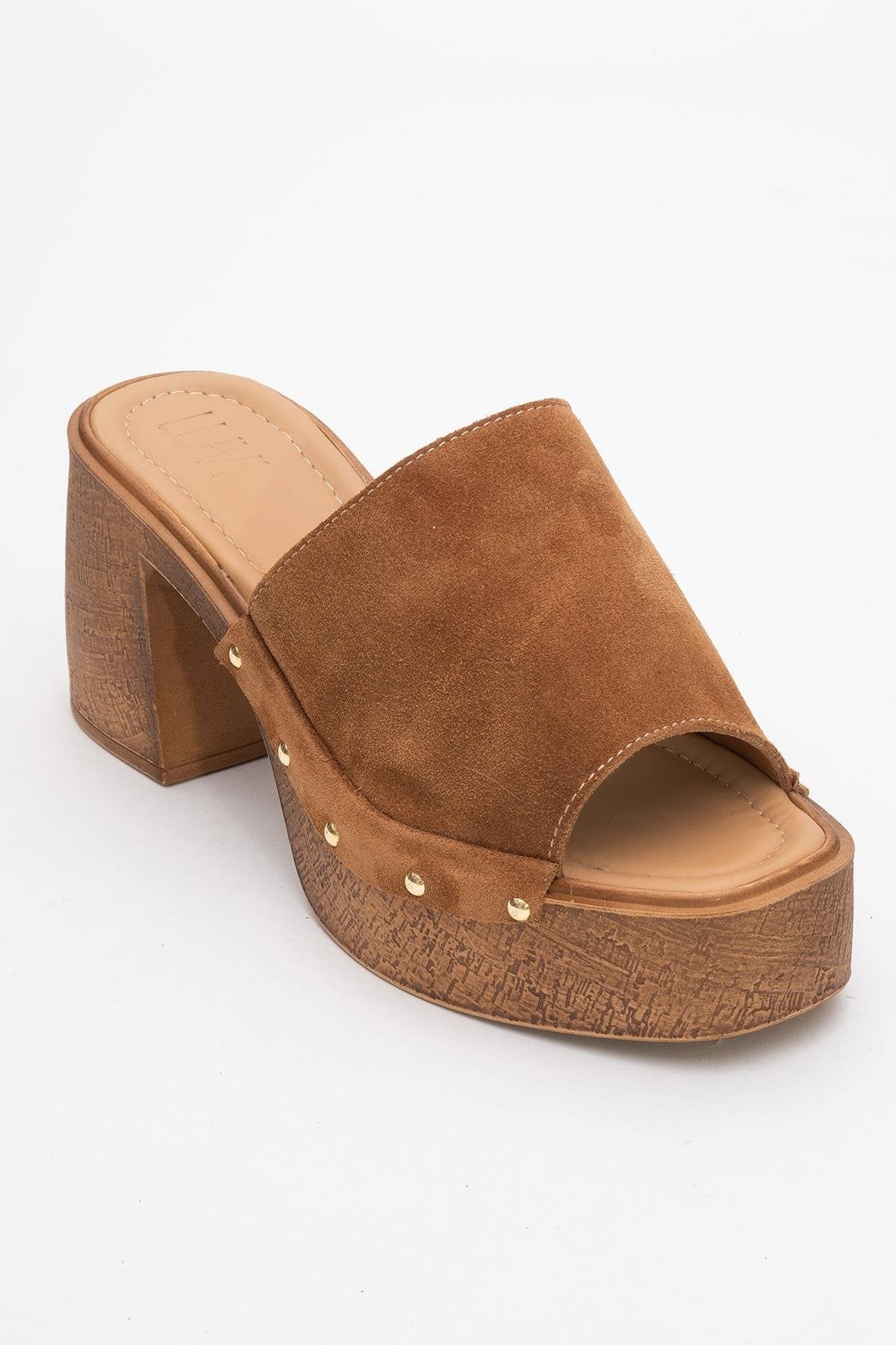 Pull - Cognac Brown Suede Leather Heeled Mules (Women)