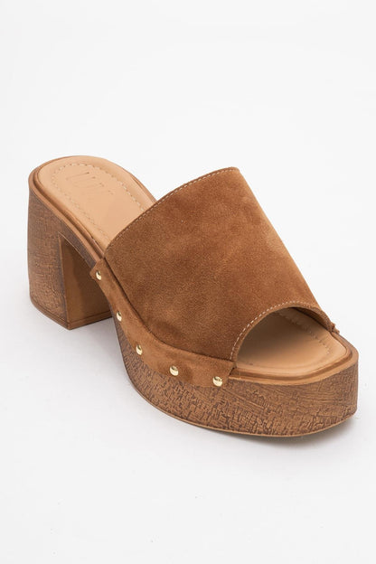 Pull - Cognac Brown Suede Leather Heeled Mules (Women)
