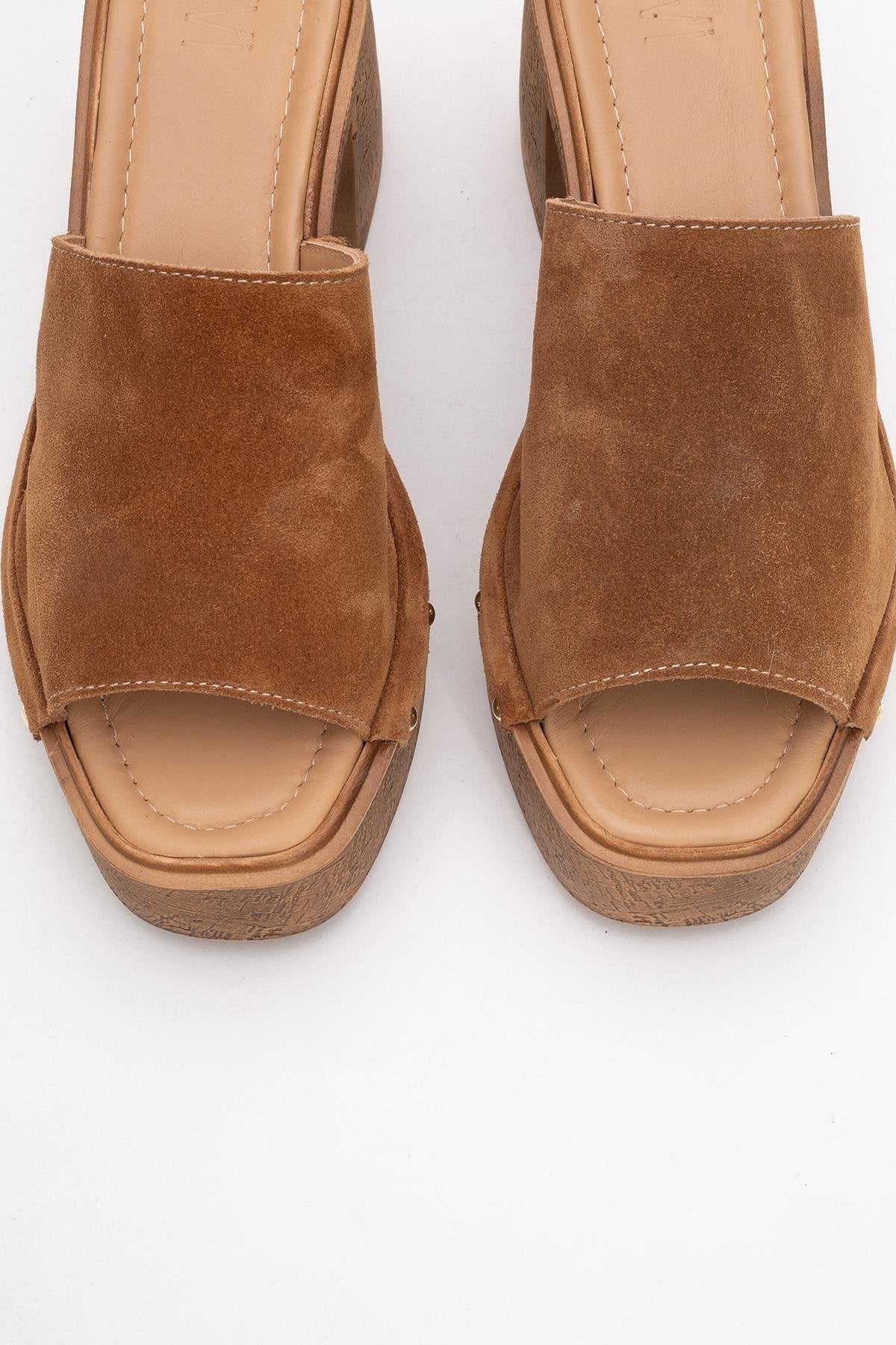 Pull - Cognac Brown Suede Leather Heeled Mules (Women)