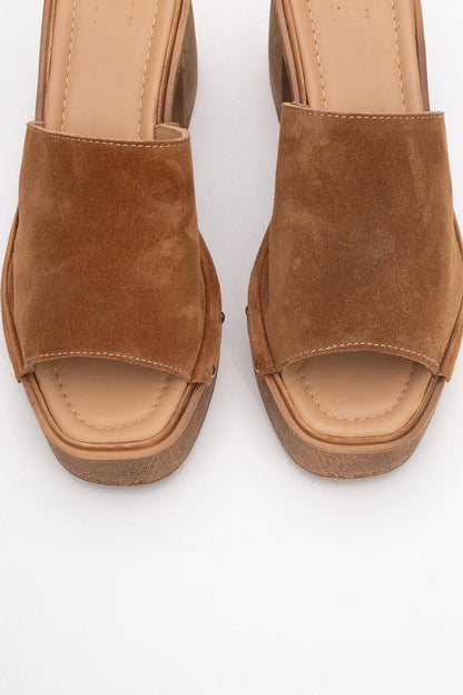 Pull - Cognac Brown Suede Leather Heeled Mules (Women)