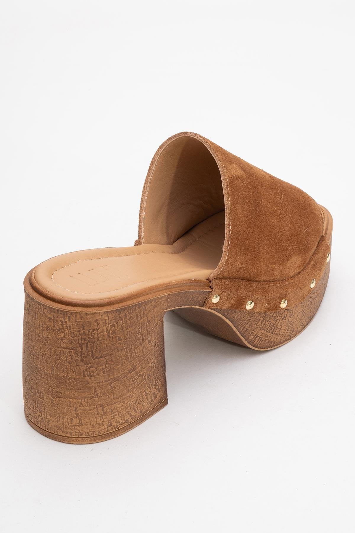 Pull - Cognac Brown Suede Leather Heeled Mules (Women)