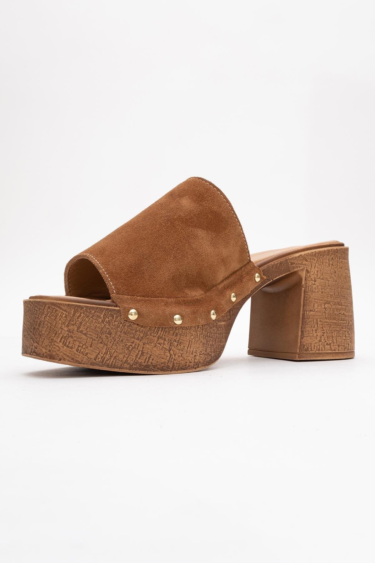 Pull - Cognac Brown Suede Leather Heeled Mules (Women)