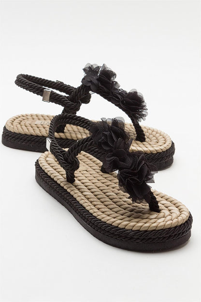 SANTRA Black Lace-Up Thong Sandals (Women)