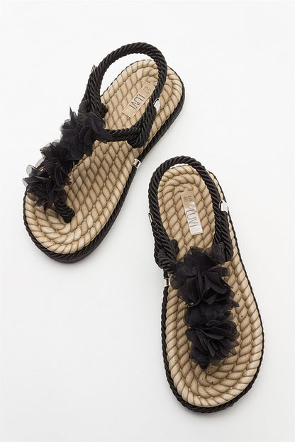 SANTRA Black Lace-Up Thong Sandals (Women)