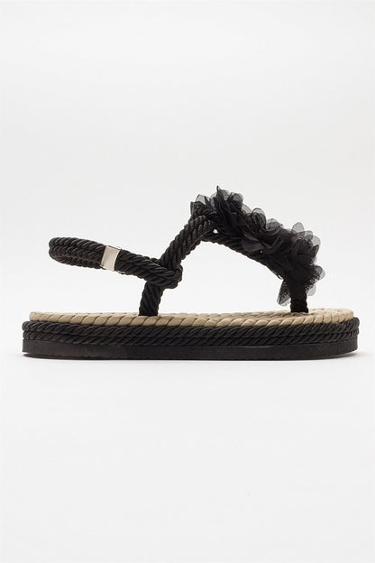 SANTRA Black Lace-Up Thong Sandals (Women)