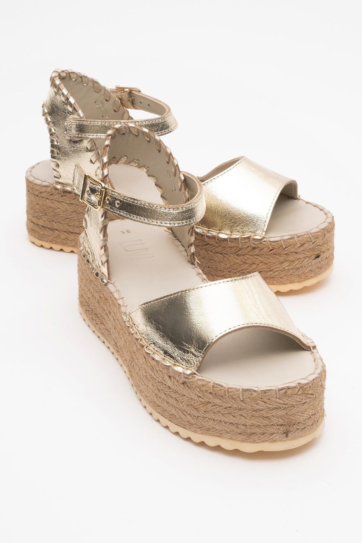 Serez - Gold Leather Platform Espadrilles Sandal (Women)