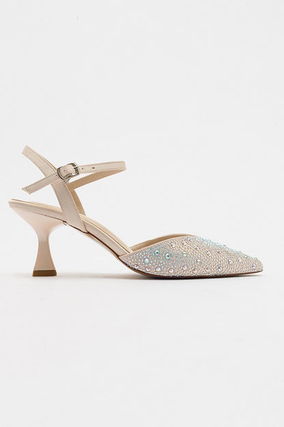 Vilka - Beige Sparkling Slingback Kitten Heels