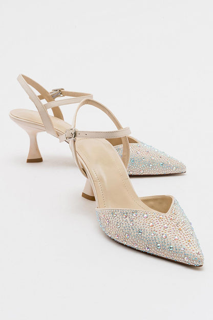 Vilka - Beige Sparkling Slingback Kitten Heels