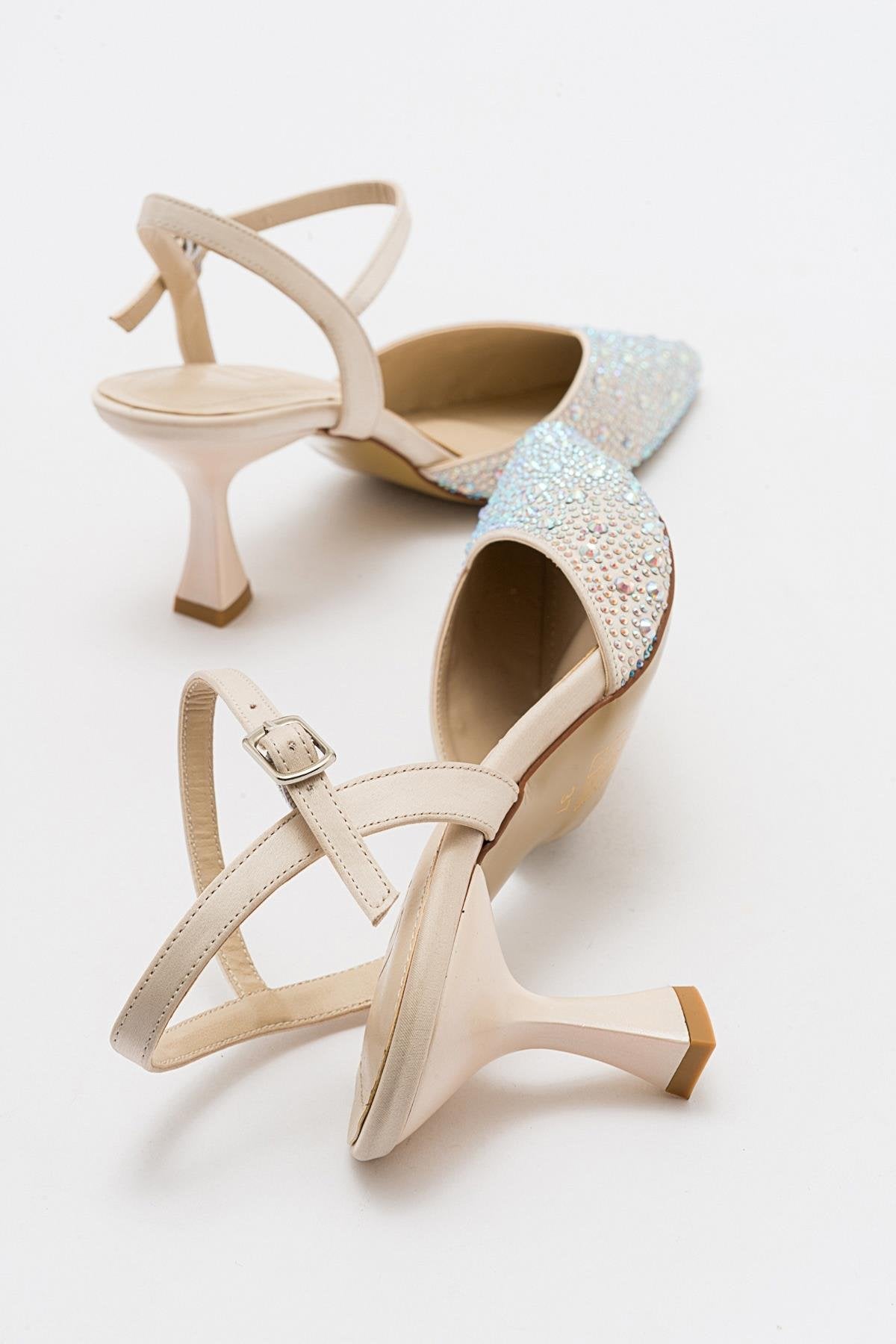 Vilka - Beige Sparkling Slingback Kitten Heels