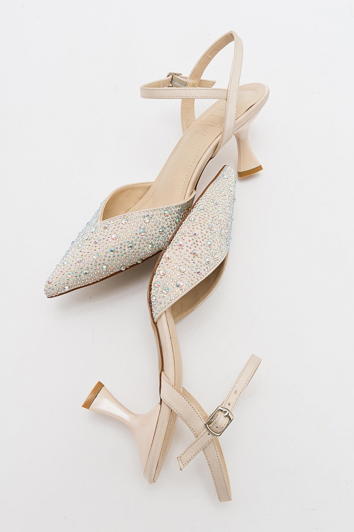 Vilka - Beige Sparkling Slingback Kitten Heels