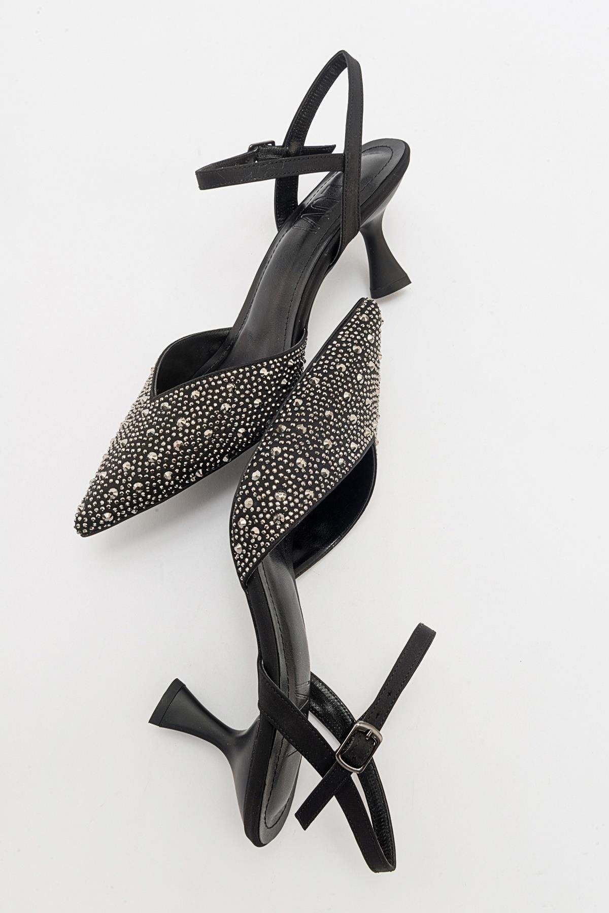 Vilka - Black Sparkling Slingback Kitten Heels