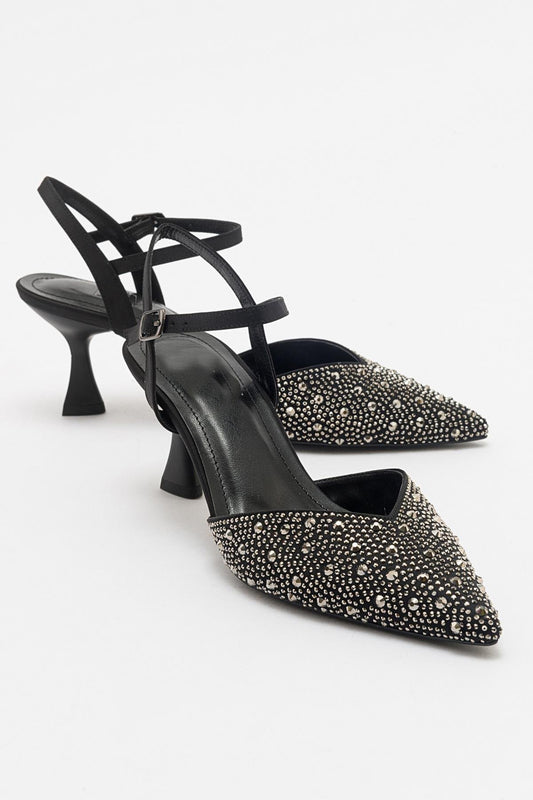 Vilka - Black Sparkling Slingback Kitten Heels