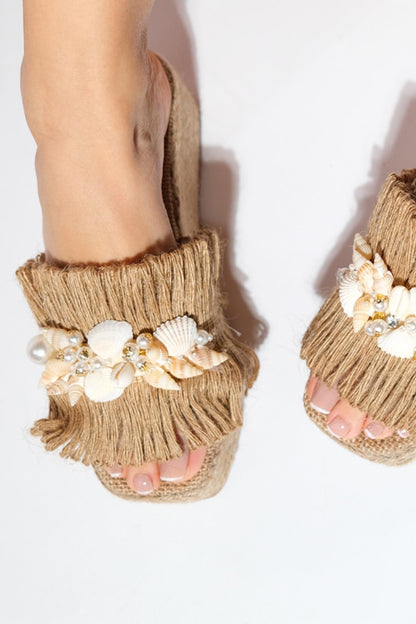 DION Brown Raffia Seashell Wedge Mules (Women)