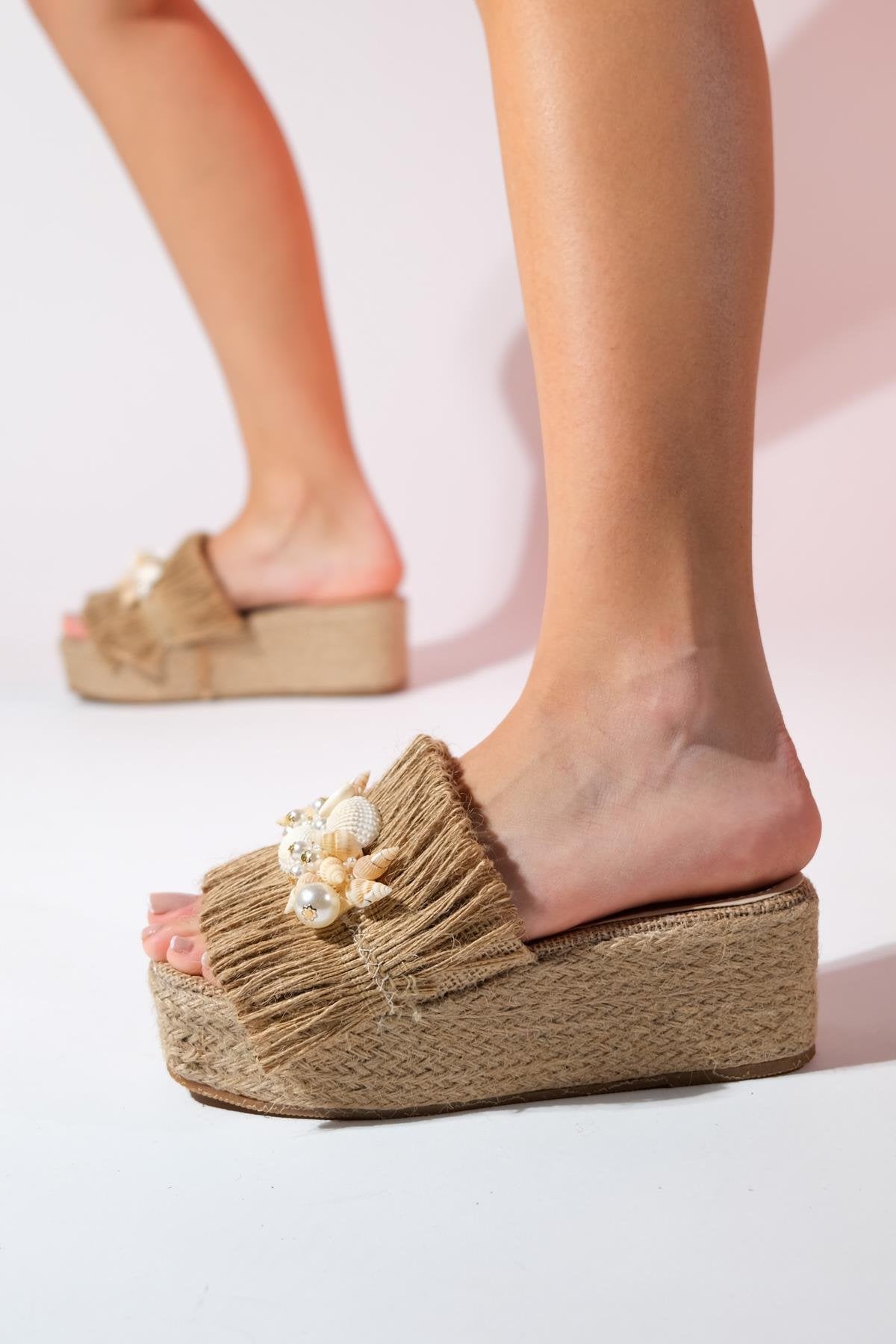 DION Brown Raffia Seashell Wedge Mules (Women)