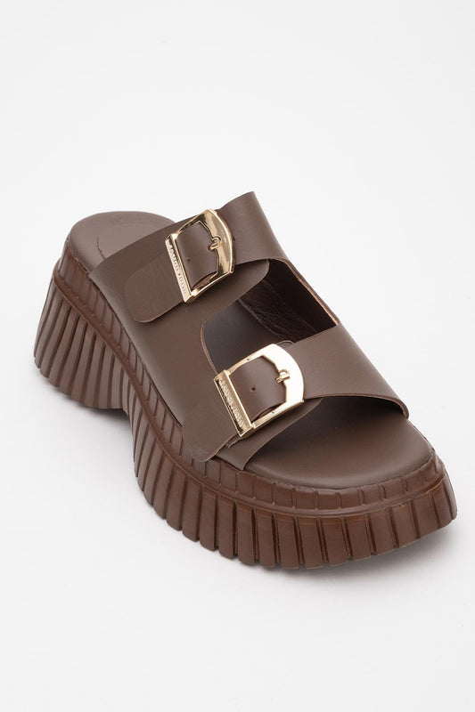 Joanes - Brown Leather Two-Strap Platform Sandal (Women)