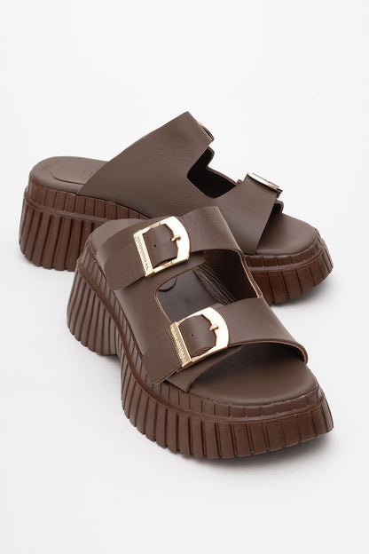 Joanes - Brown Leather Two-Strap Platform Sandal (Women)