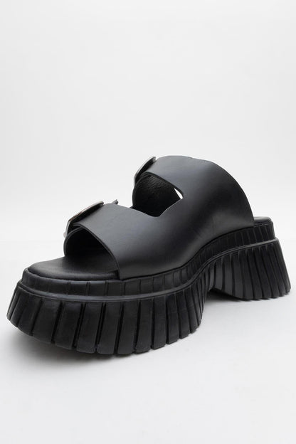 Joanes - Black Leather Two-Strap Platform Sandal (Women)